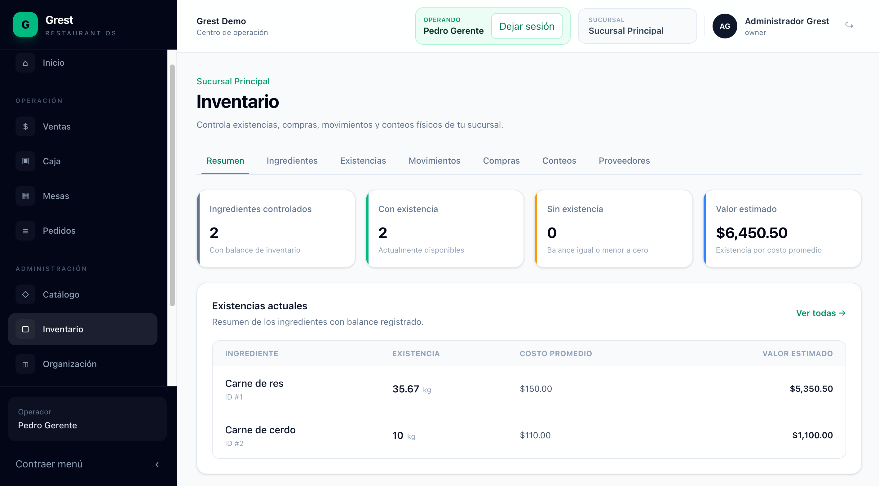 Módulo de inventarios del sistema Grest